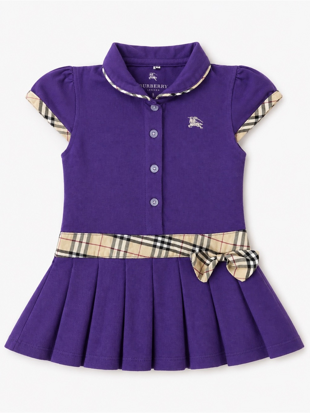 Burberry London Girls Purple Nova Check Pleated Polo Dress 3T 3Y Kids